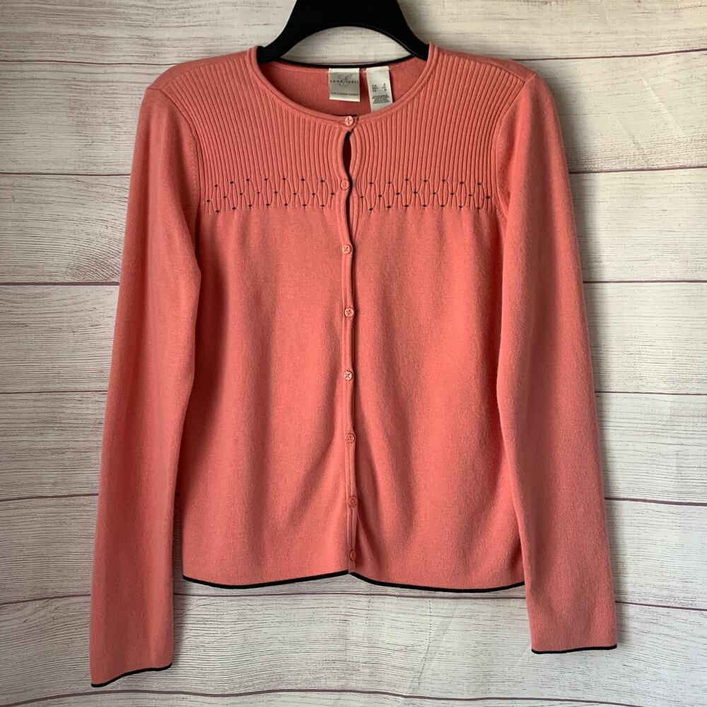 Emma James Peach Cardigan with Black Trim Detail and Smocked Front Size Small
